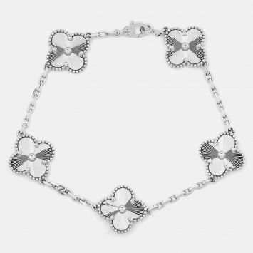 Pre Owned Van Cleef & Arpels Vintage Alhambra Guilloché 5 Motif 18K White Gold Station Bracelet