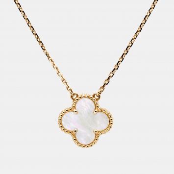 Pre Owned Van Cleef & Arpels Vintage Alhambra Mother of Pearl 18k Yellow Gold Pendant Necklace