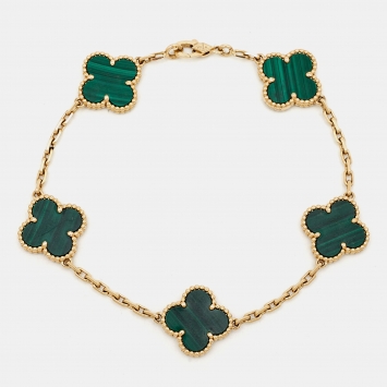 Pre Owned Van Cleef & Arpels Vintage Alhambra Malachite 5 Motif 18k Yellow Gold Station Bracelet