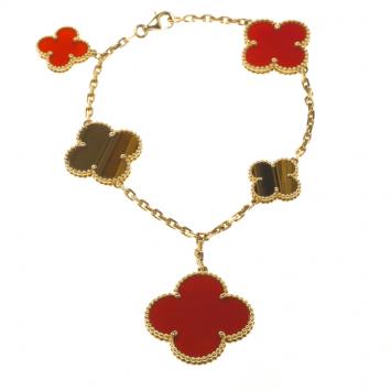 Pre Owned Van Cleef & Arpels Magic Alhambra Tiger's Eye & Carnelian 18k Yellow Gold Bracelet 20cm