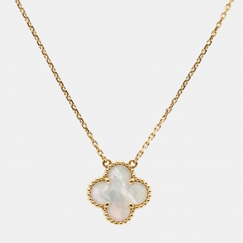Pre Owned Van Cleef & Arpels Vintage Alhambra Mother of Pearl 18k Yellow Gold Necklace