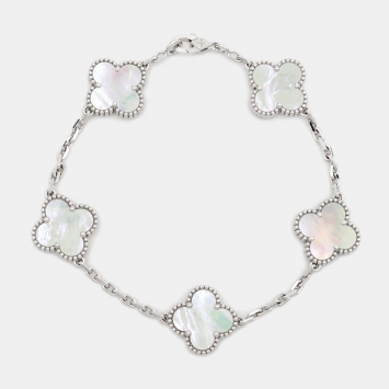 Pre Owned Van Cleef & Arpels Vintage Alhambra Mother of Pearl 18k White Gold 5 Motif Station Bracelet