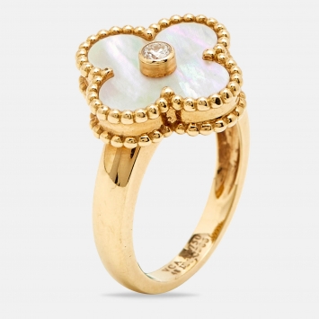 Pre Owned Van Cleef & Arpels Vintage Alhambra Mother of Pearl Diamond 18k Yellow Gold Ring Size 48