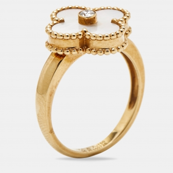 Pre Owned Van Cleef & Arpels Vintage Alhambra Diamond Mother of Pearl 18k Yellow Gold Ring Size 54