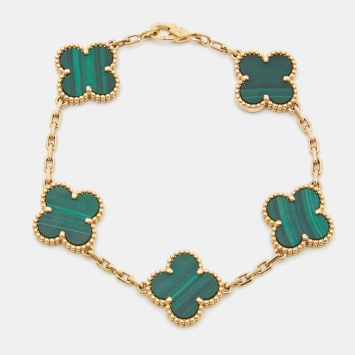 Pre Owned Van Cleef & Arpels Vintage Alhambra Malachite 5 Motif 18k Yellow Gold Bracelet