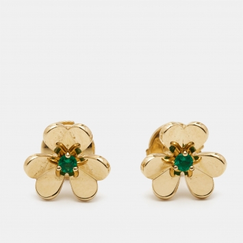 Pre Owned Van Cleef & Arpels Frivole Emerald 18k Yellow Gold Earrings