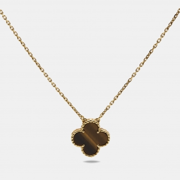 Pre Owned Van Cleef & Arpels Vintage Alhambra Tiger Eye18k Yellow Gold  Necklace 