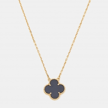 Pre Owned Van Cleef & Arpels Vintage Alhambra Onyx 18k Yellow Gold Necklace 