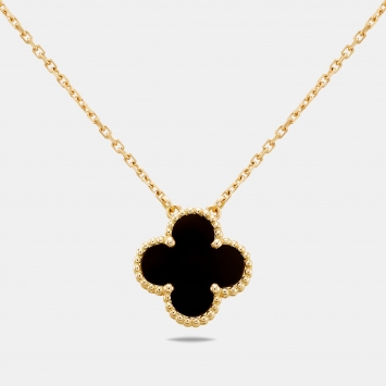 Pre Owned Van Cleef & Arpels Vintage Alhambra Onyx 18k Yellow Gold Necklace 