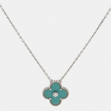 Pre Owned Van Cleef & Arpels Vintage Alhambra Limited Edition Holiday 2022 Celadon Sevres Porcelain Diamond 18k White Gold Necklace