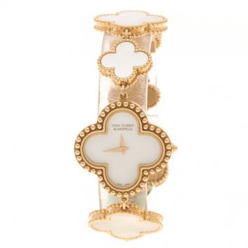 Pre Owned Van Cleef & Arpels Mother Of Pearl 18K Yellow Gold Vintage Alhambra Women's Bracelet Watch 26 mm