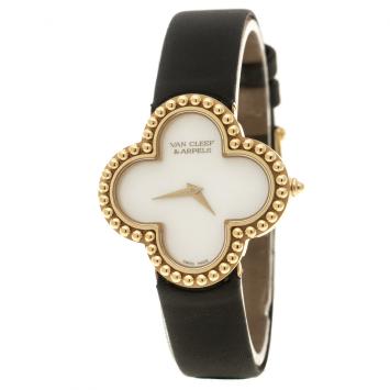 Pre Owned Van Cleef and Arpels Mother of Pearl 18K Yellow Gold Alhambra Vintage Women's Wristwatch 29 mm 