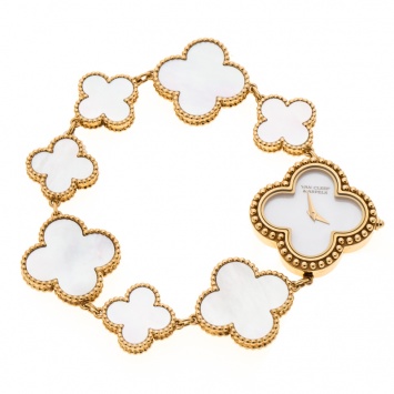 Pre Owned Van Cleef & Arpels Mother Of Pearl 18K Yellow Gold Vintage Alhambra Women's Bracelet Watch 26 mm