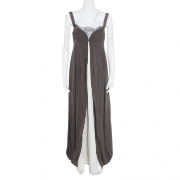 Pre Owned Vera Wang Grey and Cream Silk Lace Trimmed Sleeveless Evening Gown M