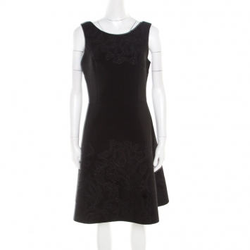 Pre Owned Vera Wang Black Floral Embossed Scuba Fit and Flare Sleeveless Dress M