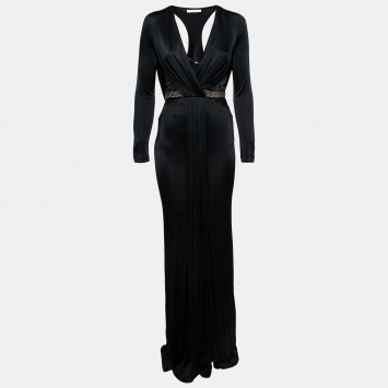 Pre Owned Versace Collection Black Jersey Stud Embellished Pleated Gown S 