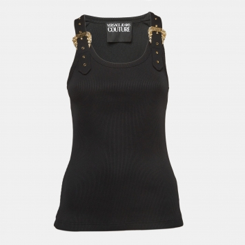 Pre Owned Versace Jeans Couture Black Rib Knit Buckle Detail Tank Top M