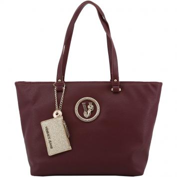 Pre Owned Versace Jeans Dark Red Faux Pebbled Leather Shopper Tote