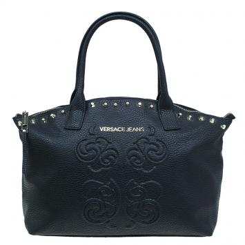 Pre Owned Versace Jeans Black Pebbled Leather Crystal Studs Shopping Tote