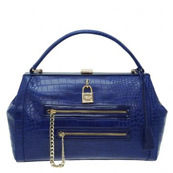 Pre Owned Versace Jeans Blue Croc Embossed Leather Satchel