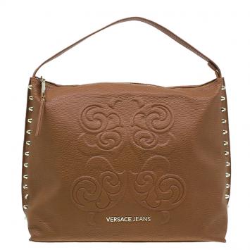 Pre Owned Versace Jeans Brown Pebbled Leather Crystal Studs Hobo