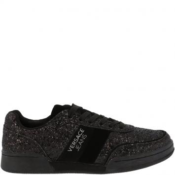 Pre Owned Versace Jeans Black Glitter and Leather Lace Up Sneakers Size 40