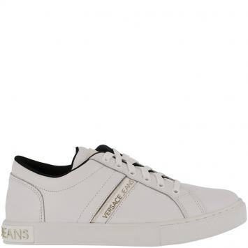 Pre Owned Versace Jeans White Fabric and Leather Lace Up Sneakers Size 38