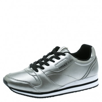Pre Owned Versace Jeans Silver Faux Leather Lace Up Sneakers Size 40
