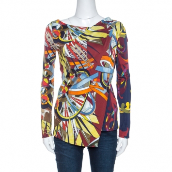 Pre Owned Versace Collection Multicolor Print Jersey Faux Wrap Top S