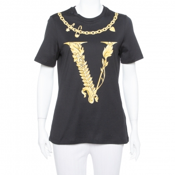 Pre Owned Versace Black Virtus Motif Printed Cotton Crewneck T-Shirt M