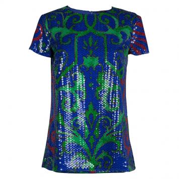 مملوكة مسبقًا Versace Multicolor Sequin Embellished Short Sleeve Top M