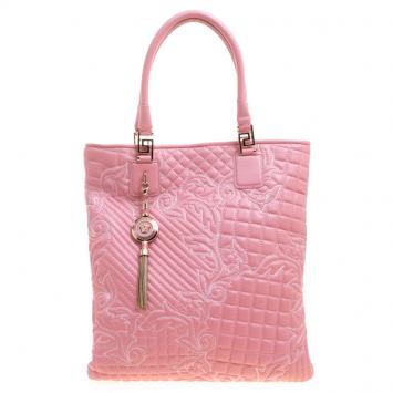 Pre Owned Versace Pink Leather Embroidered Elettra Vanitas Tote