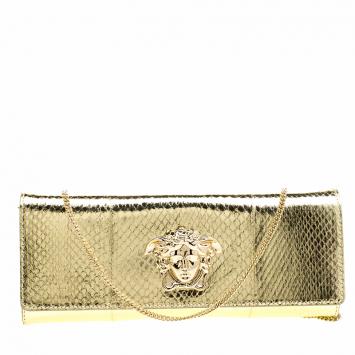 Pre Owned Versace Gold Snake Embossed Leather Chain Clutch