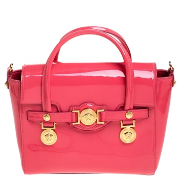 Pre Owned Versace Neon Pink Patent Leather Medusa Medallion Tote