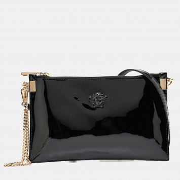Pre Owned Versace Black Patent Leather Medusa Zip Crossbody Bag