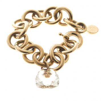 Pre Owned Versace Medusa Transparent Crystal Gold Tone Link Bracelet