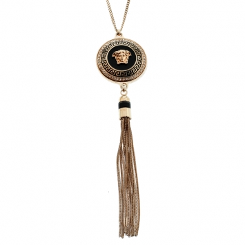 Pre Owned Gianni Versace Vanitas Crystal Enamel Medusa Gold Tone Tassel Pendant Necklace 