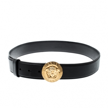 Pre Owned Versace Black Leather Medusa Buckle Belt 85CM