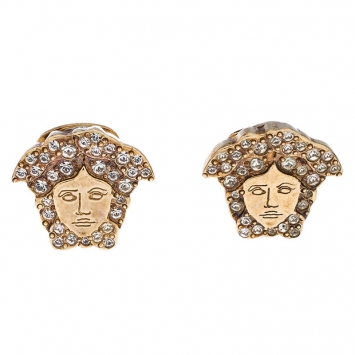 Pre Owned Versace Medusa Crystal Studded Gold Tone Clip-on Stud Earrings 