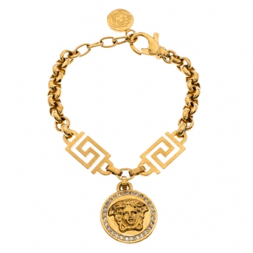 Pre Owned Versace Gold Tone Crystal Medusa Medallion Greca Chain Bracelet