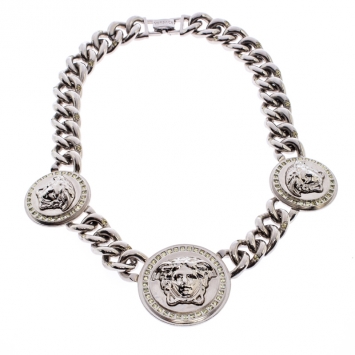 Pre Owned Versace Iconic Medusa Medallion Crystal Silver Tone Chain Link Statement Necklace