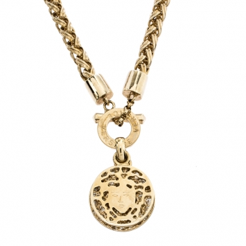Pre Owned Versace Gold Tone Crystal and Medusa Charm Woven Chain Toggle Necklace 