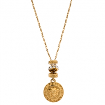 Pre Owned Versace Gold Tone Crystal Tiered Medusa Pendant Adjustable Necklace