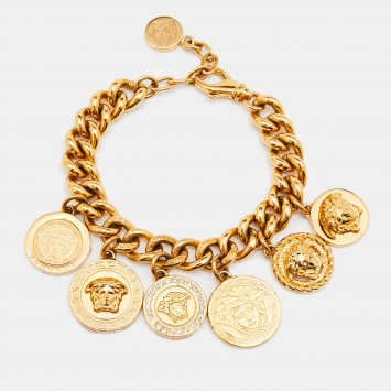 Pre Owned Versace Gold Tone Medusa Multi Charms Bracelet