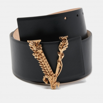 Pre Owned Versace Black Leather Virtus Waist Belt 75 CM