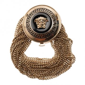 Pre Owned Versace Medusa Black Enamel Gold-Tone Multi-Chain Medallion Bracelet 20CM