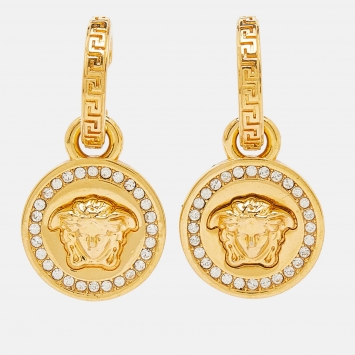 مملوكة مسبقًا Versace Gold Tone Crystal La Medusa Greca Drop Earrings