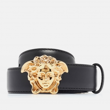 Pre Owned Versace Black Leather La Medusa Buckle Belt 105CM