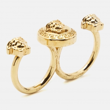 Pre Owned Versace Medusa Double Finger Gold Tone Ring Size 51