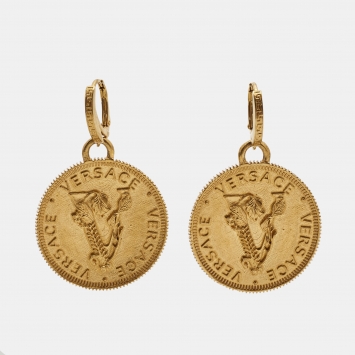 Pre Owned Versace Gold Coin V Gold Tone Earrings